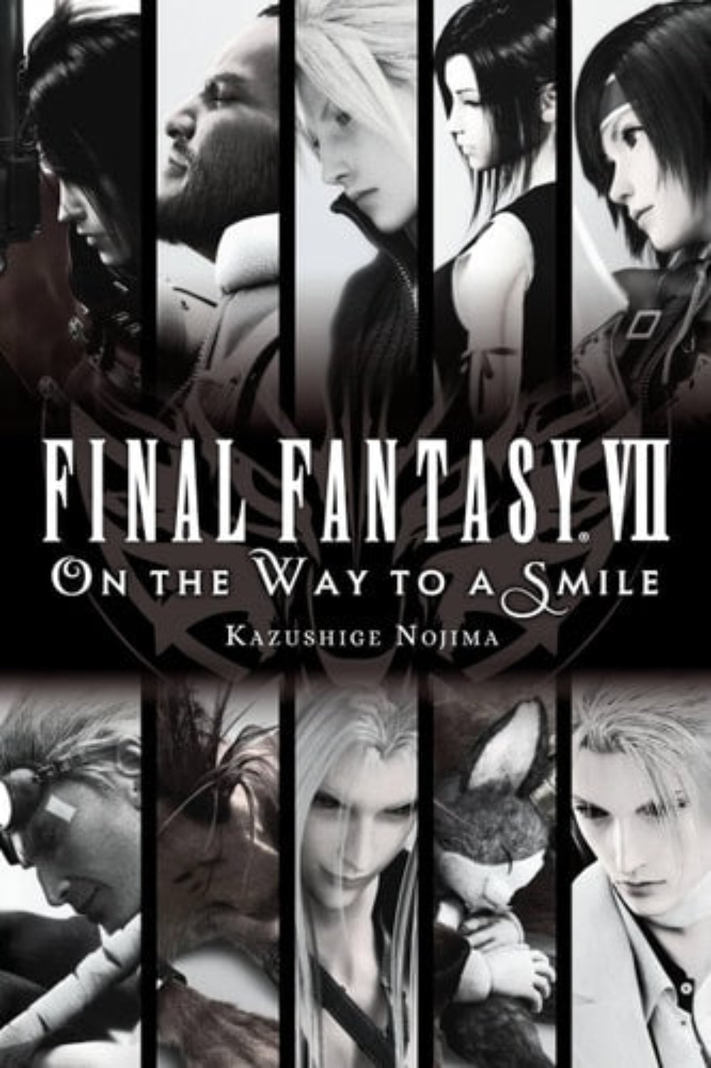 Collage of characters from Final Fantasy VII with the book title 'On the Way to a Smile' displayed.