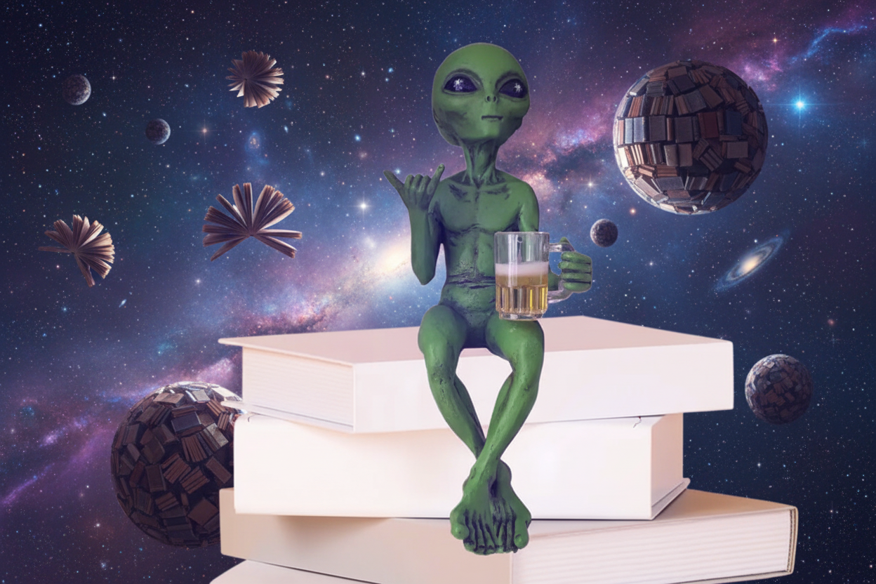 Green alien figurine holding a mug of beer with his left hand and the shaka "hang-10" sign with his right hand sitting on a stack of books with his legs crossed with a supernatural cosmic background where the planets are made of books.