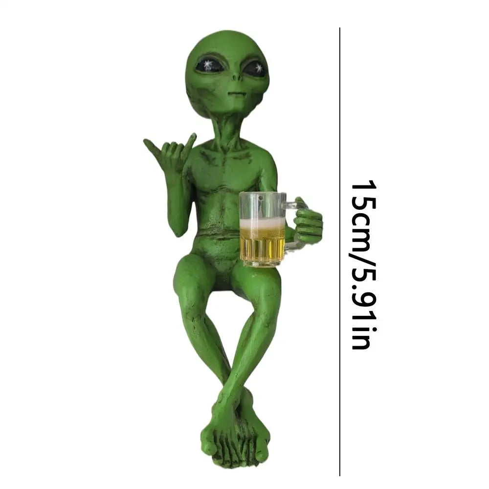 Dimension and size chart, close-up of the chill alien statue displaying detailed resin craftsmanship on the shaka and beer mug.