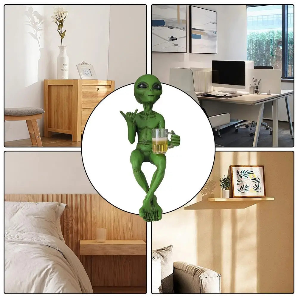 All aspects of the Laid Back Shaka Alien figurine with beer and crossed-leg posture.