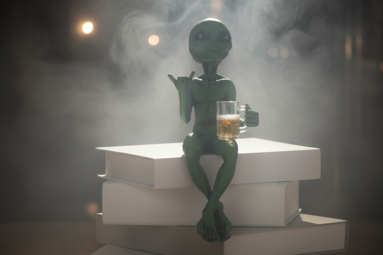 Green alien figure sitting on a books with a glass of beer, surrounded by smoke.