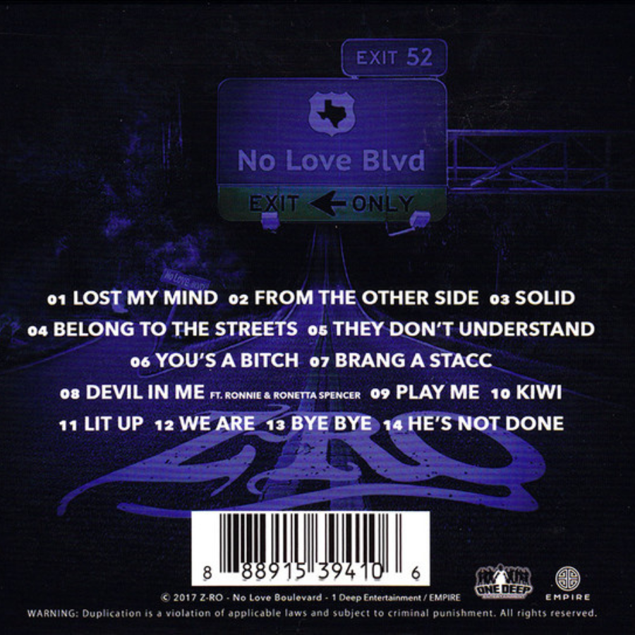 Back cover of CD album for 'Z-Ro: No Love Boulevard' featuring track listing and other album details.