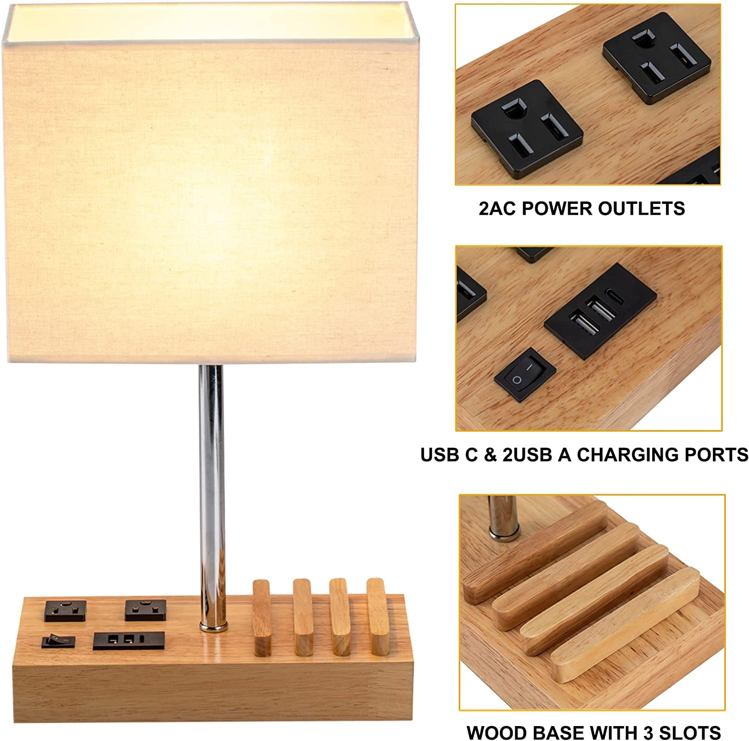 Woodgrain Desk Lamp (3) USB (2) AC Outlets & Sleek-Modern Phone Stands: Power Up Your Space