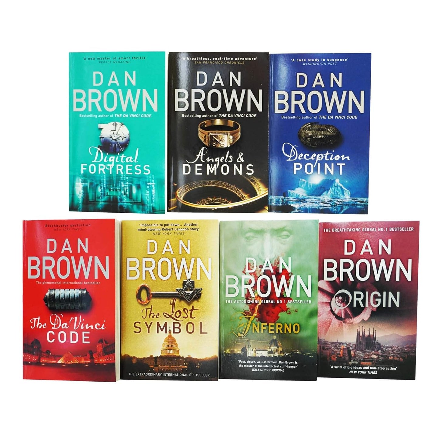 Front covers of "7-Book Robert Langdon Series Collection Box Set' by Dan Brown, featuring cover art for 7-book bundle set.