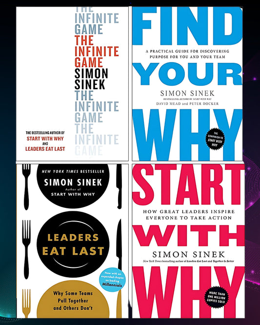 Collection of books by Simon Sinek including 'The Infinite Game', 'Find Your Why', 'Start with Why', and 'Leaders Eat Last'.