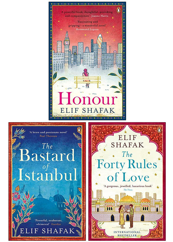 Front book cover display of "Elif Shafak Collection: Three Book Box Set by Elif Shafak [ISBN: 9789124063276]" featuring all three books.
