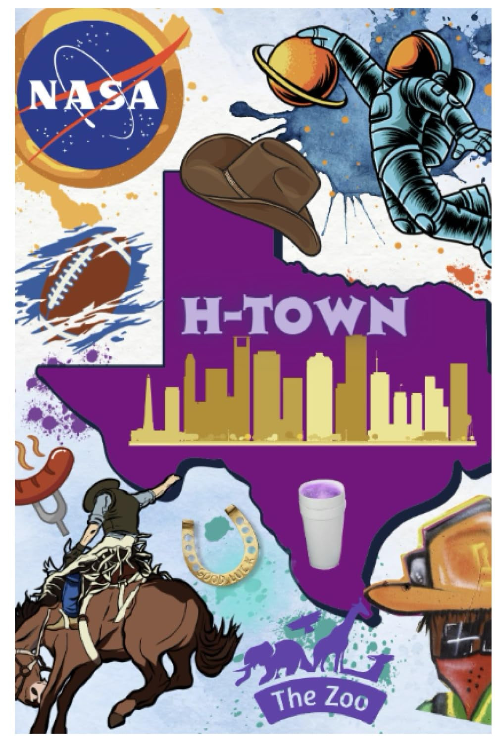 Notebook cover of "H-Town: 6x9 Notebook [120] Blank Lined Pages" featuring Houston, Texas elements.