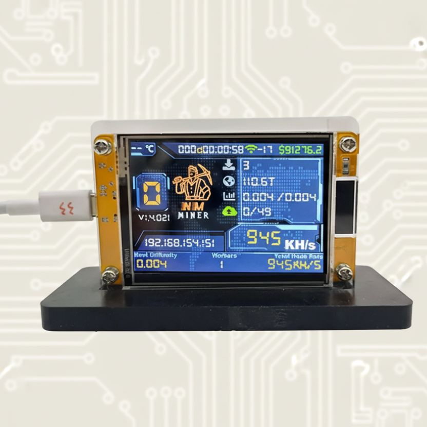 950KH/s NMMiner Bitcoin Solo Miner with 2.8-inch smart display and bracket with digital white circuit board background.