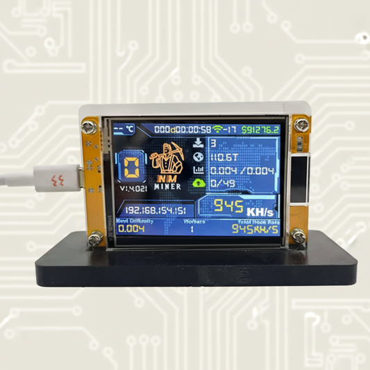 950KH/s NMMiner Bitcoin Solo Miner with 2.8-inch smart display and bracket with digital white circuit board background.