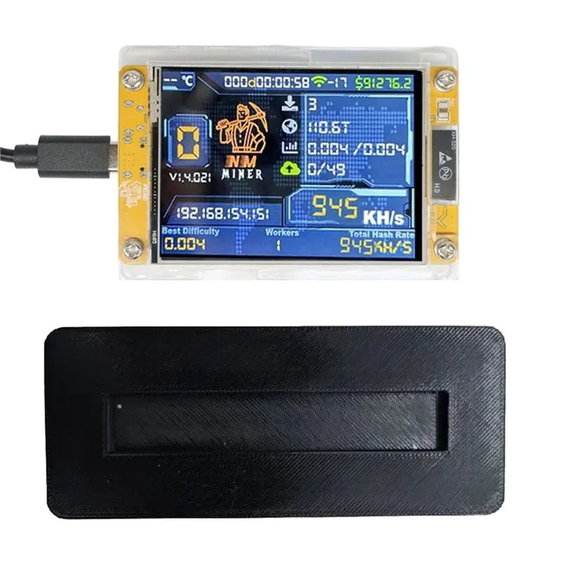 NerdMiner V2 smart display showing real-time 950KH/s hashrate and mining stats.