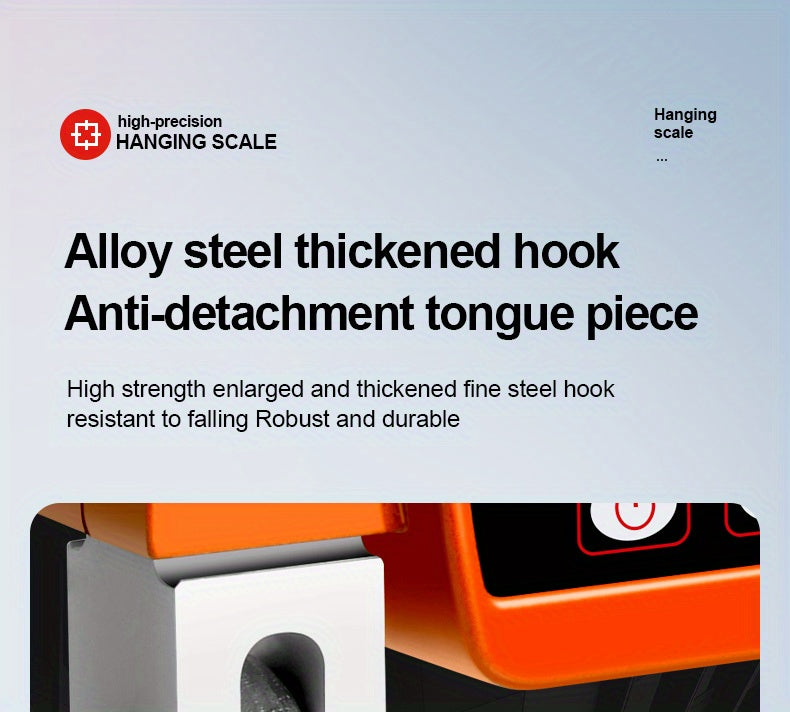 Advertisement for a high-precision hanging scale with text about alloy steel thickened hook and anti-detachment tongue piece.