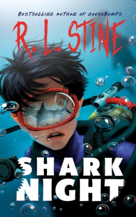 Book cover of 'Shark Night' featuring an illustration of a boy with diving gear and a shark in the background, indicating an underwater setting.