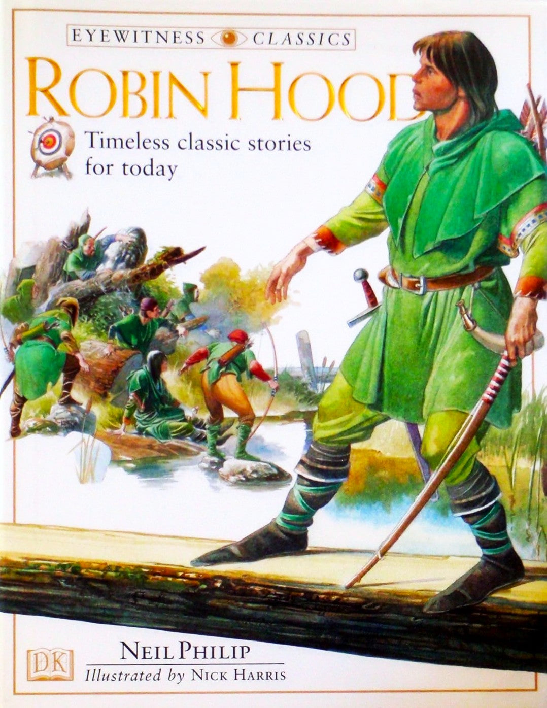 Book cover of 'Robin Hood' with illustrations of Robin Hood and his band on a bridge.