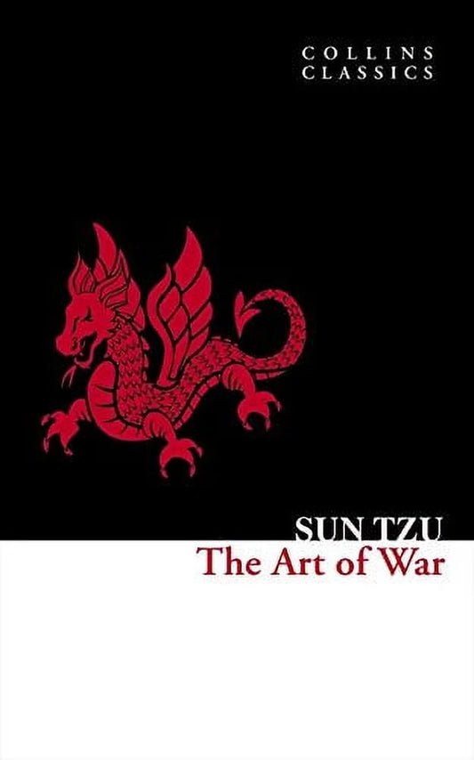 Book cover of 'The Art of War' by Sun Tzu, featuring a red dragon illustration and the title in red and black text on a white background.