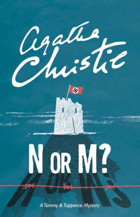 Book cover of 'N or M?' by Agatha Christie with a castle and flag illustration on a blue background.