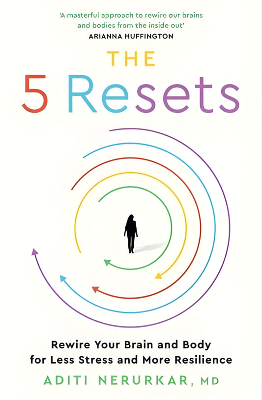 Book cover of 'The 5 Resets' with a silhouette and colorful arrows on a white background.