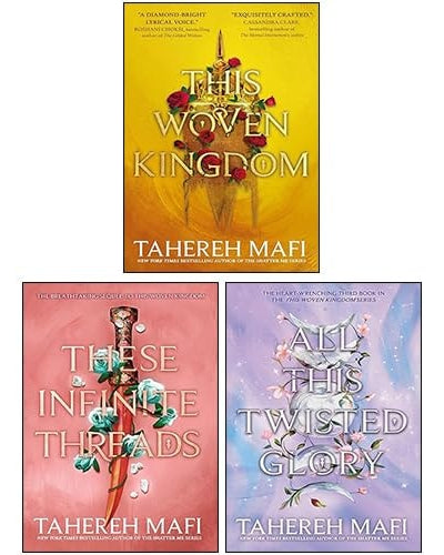 Three book covers of 'This Woven Kingdom', 'These Infinite Threads', and 'All This Twisted Glory' by Tahereh Mafi on a white background.