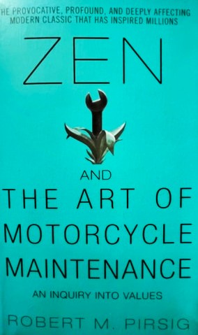 Book cover of 'Zen and the Art of Motorcycle Maintenance' with a turquoise background and black text.