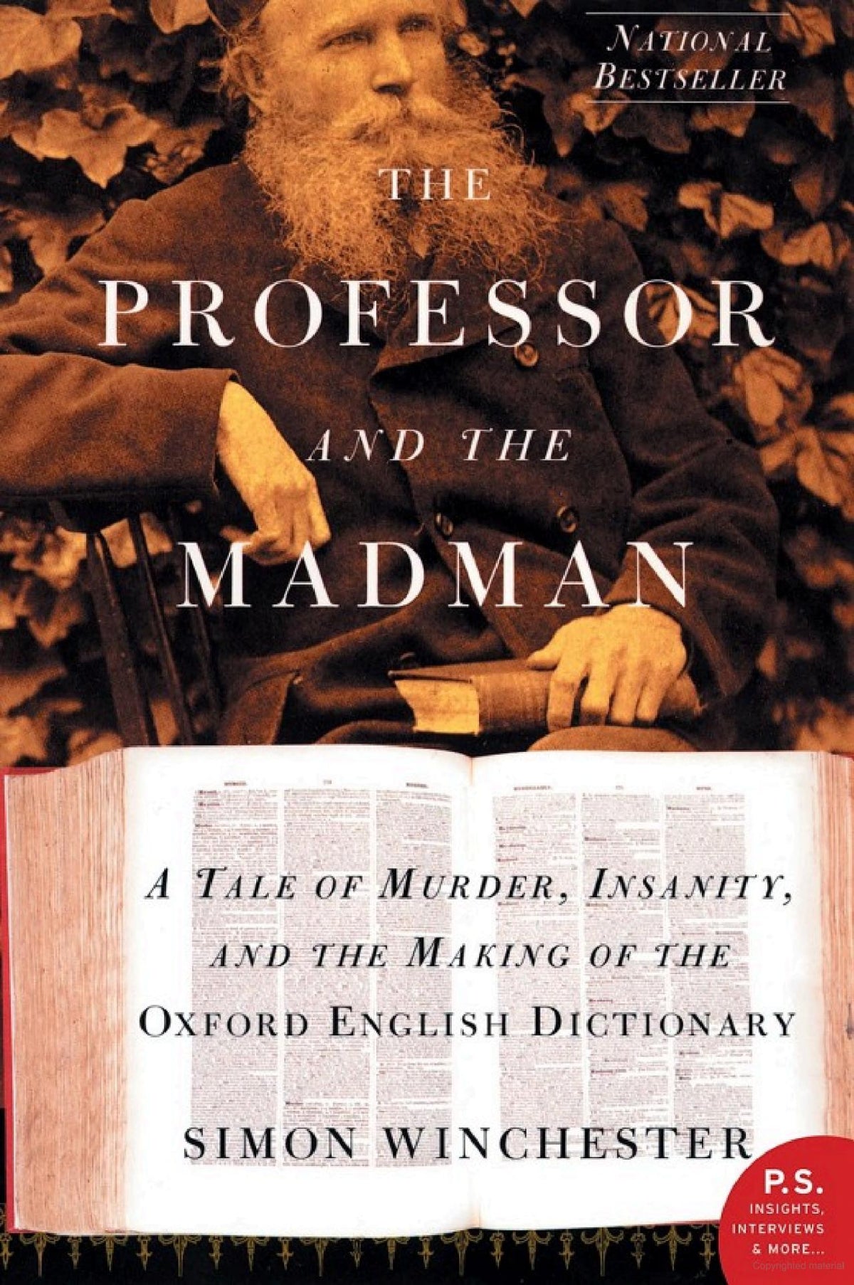 The cover of the book 'The Professor and the Madman' by Simon Winchester, featuring an image of a man with a pipe, superimposed on a background of an open book and a portrait of a madman.