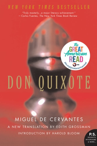 Book cover of 'Don Quixote' with a red background and a metallic helmet graphic.