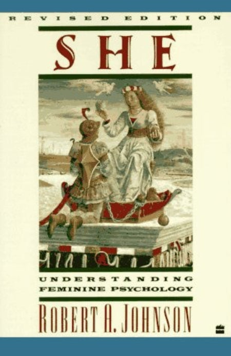 Book cover of 'She: Understanding Feminine Psychology' by Robert A. Johnson with a decorative illustration on a beige background.