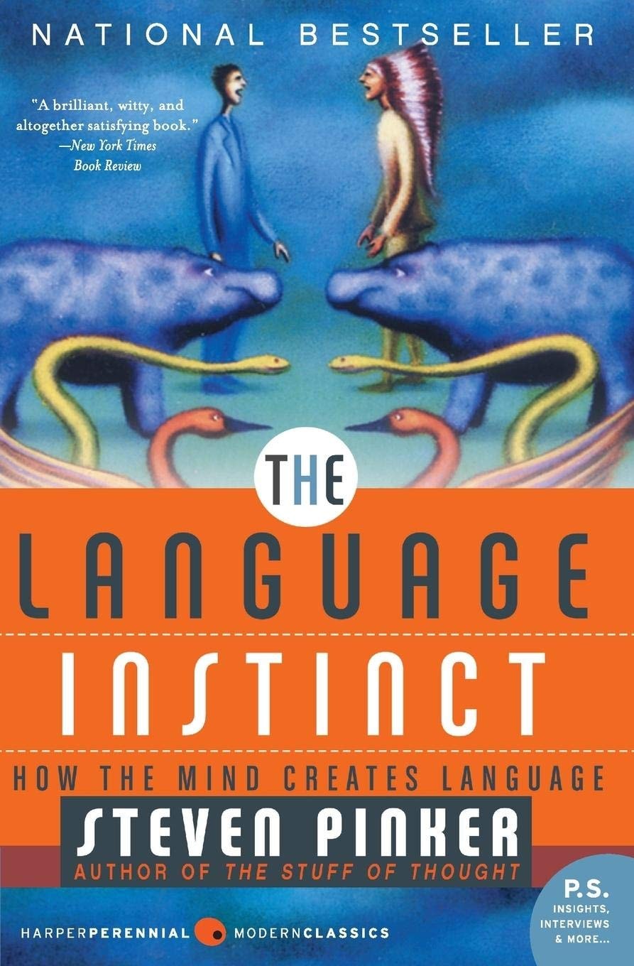 Book cover of 'The Language Instinct' by Steven Pinker with abstract design and text.