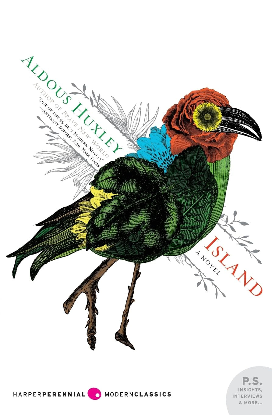 A book cover of 'Island' by Aldous Huxley featuring an illustration of a colorful bird with a human-like face and the title and author's name at the top.