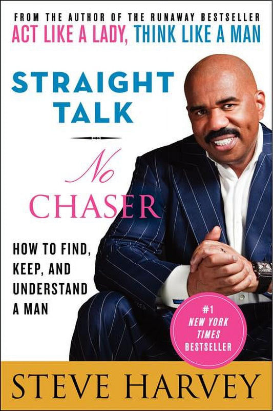 The cover of the book 'Straight Talk, No Chaser' by Steve Harvey features the author in a suit, with a pink and blue text design.
