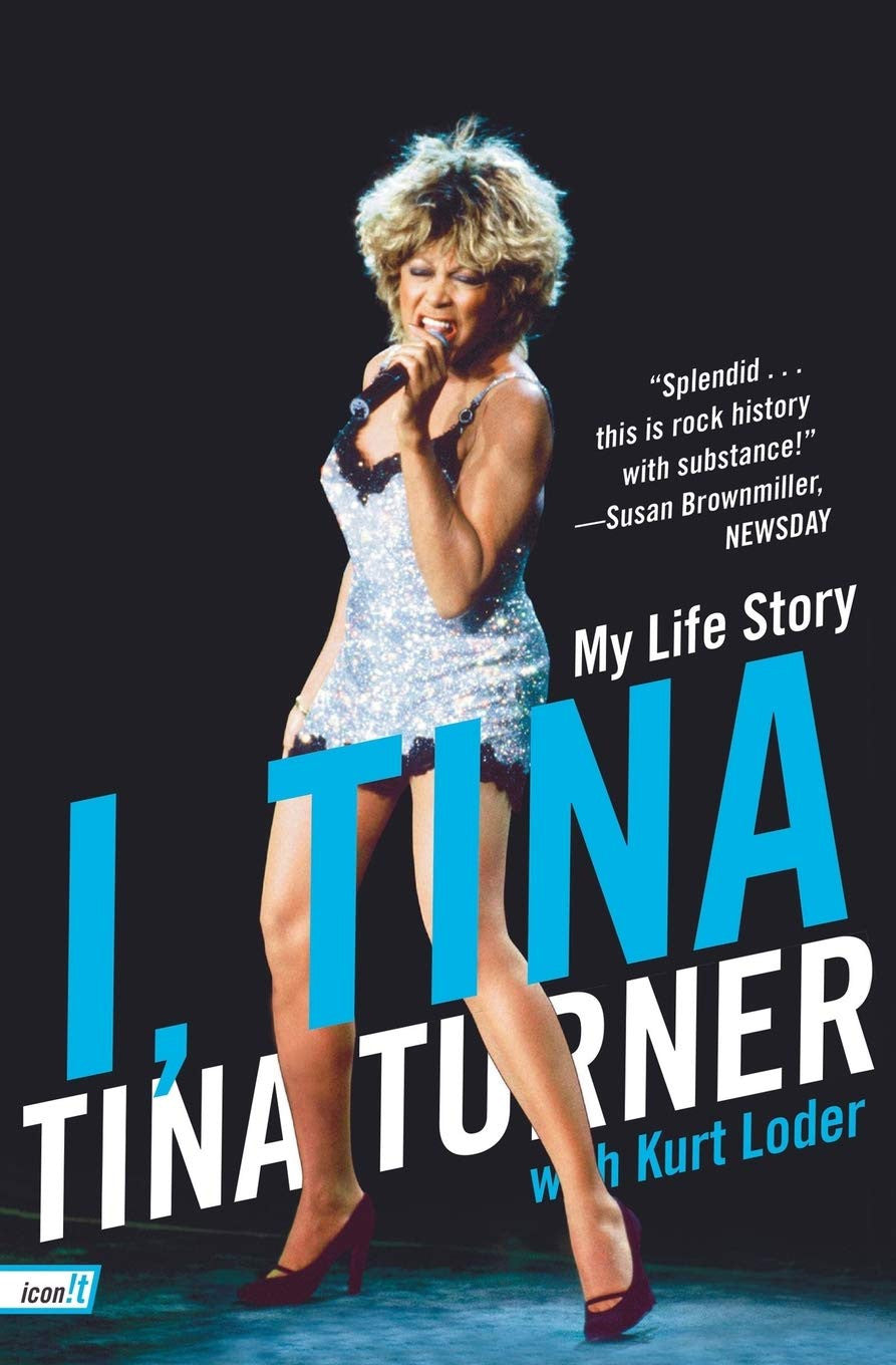 Book cover of 'I, Tina' by Tina Turner with a black background and blue text.
