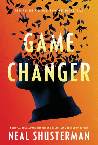 Book cover of 'Game Changer' by Neal Shusterman with a stylized head and falling figures on an orange background.