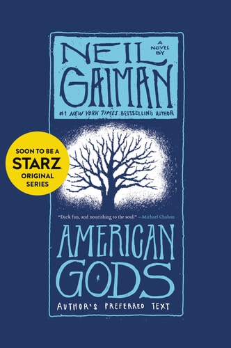 Book cover of 'American Gods' by Neil Gaiman with a tree illustration on a blue background.