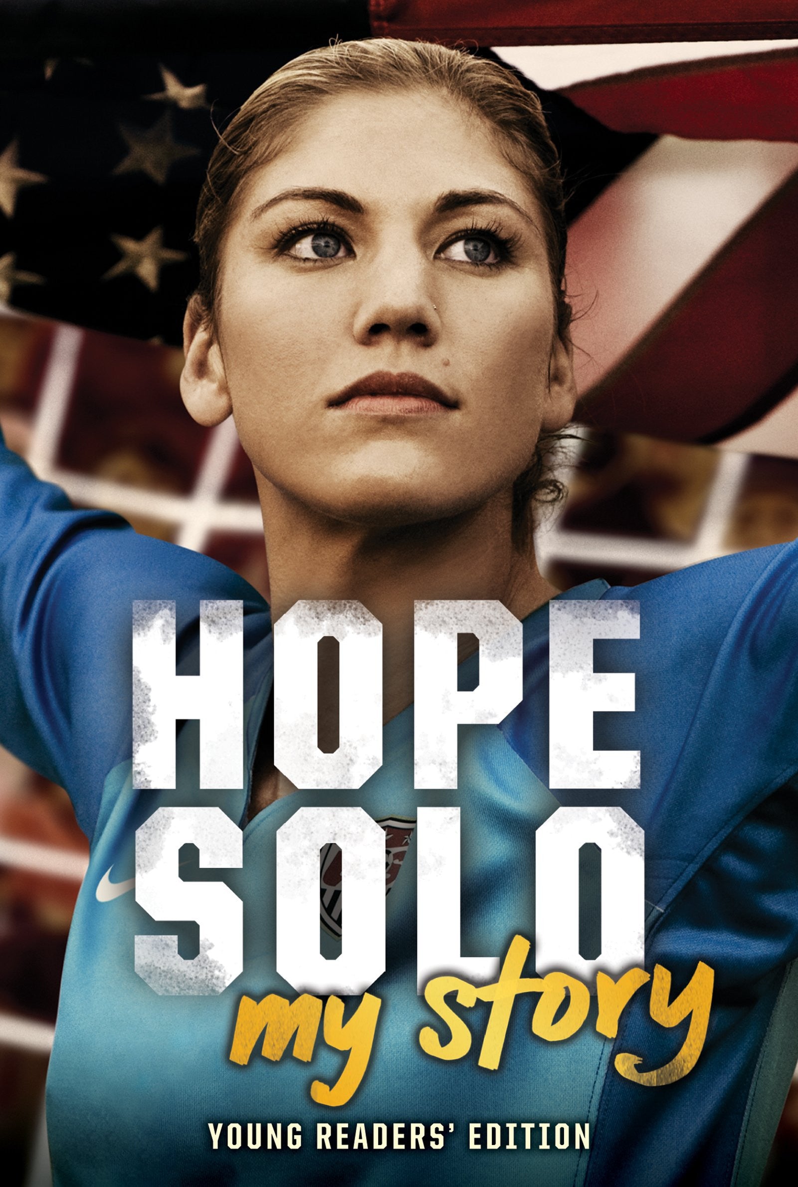 Book cover of 'Hope Solo: My Story' with a person in sports attire and American flag in the background.
