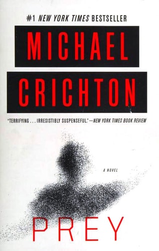 Book cover of 'Prey' by Michael Crichton with text and silhouette design.