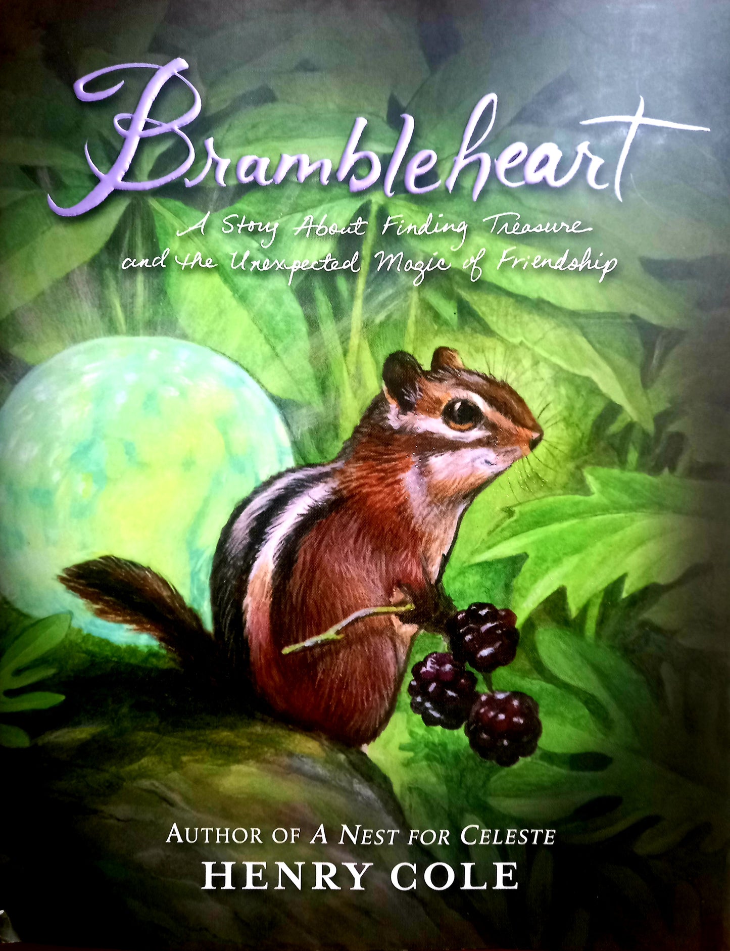 Cover of the book 'Brambleheart' featuring an illustration of a cute, cartoon-style squirrel with a berry in its paws, set against a green and purple background.