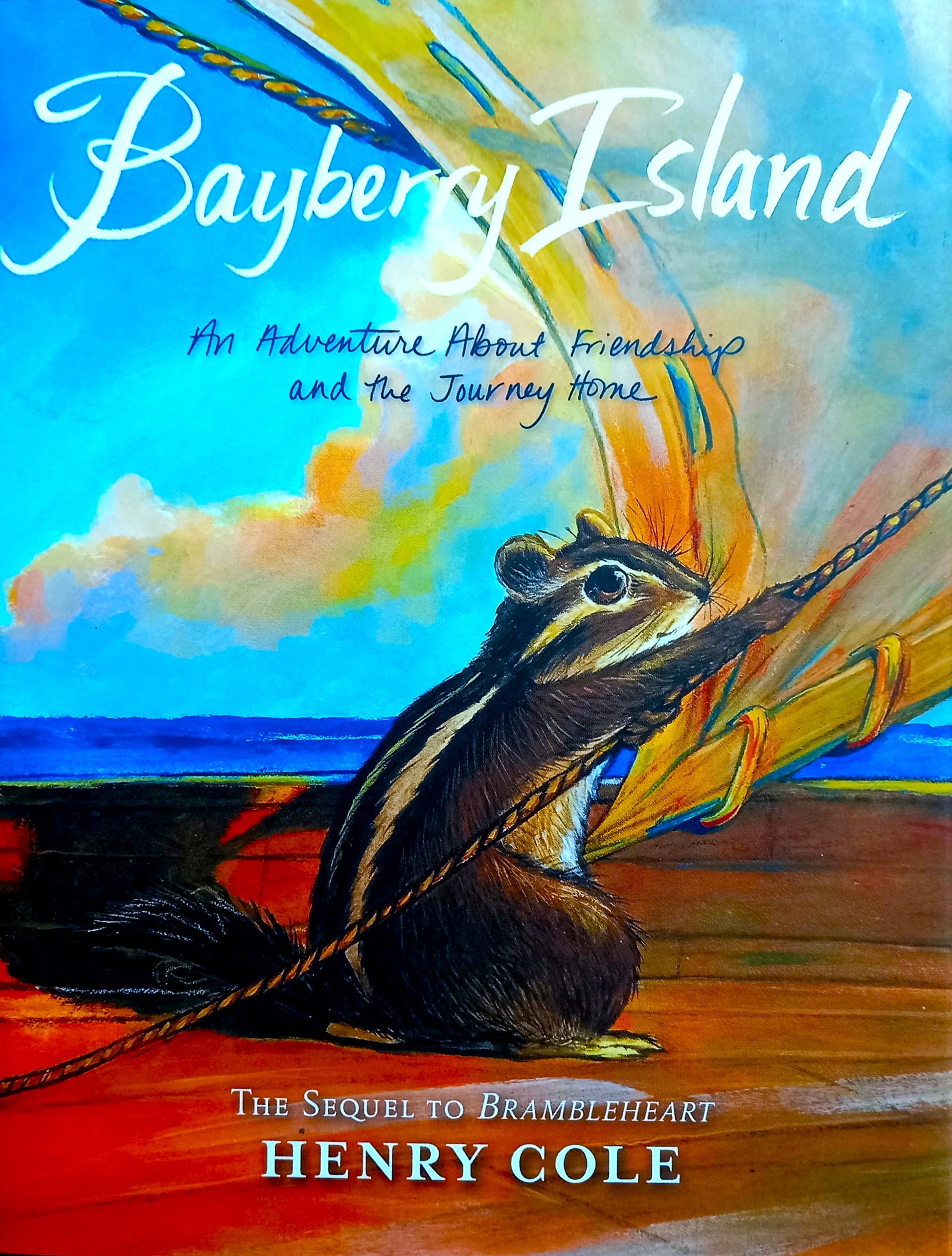 Cover of the book 'Bayberry Island' by Henry Cole featuring a colorful illustration of a chipmunk with a sail in the background.