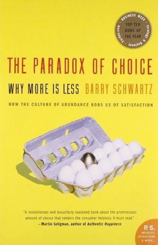 Book cover of 'The Paradox of Choice' with an egg carton on a yellow background