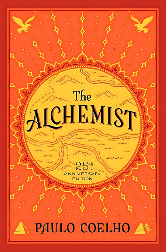 Cover of 'The Alchemist' by Paulo Coelho, featuring a illustration of a man within a circle, surrounded by a decorative border with birds and symbols.
