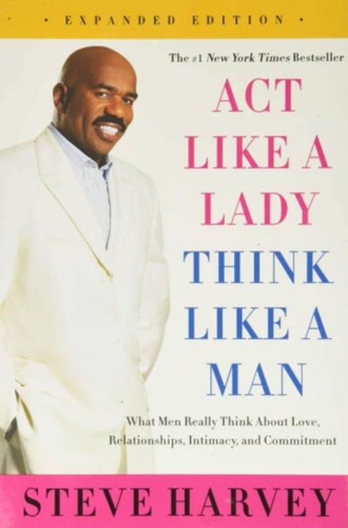 The cover of the book 'Act Like a Lady, Think Like a Man, Expanded Edition' by Steve Harvey features a photo of Steve Harvey in a white suit with a title and author text overlay.