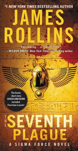 Book cover of 'The Seventh Plague: A Sigma Force Novel' by James Rollins, featuring a golden image of a plague figure with wings on the front.