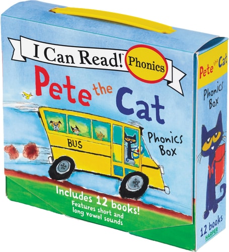 A Pete the Cat book box set of 12 mini-books about phonics, featuring images of a yellow school bus and the Cat character in various educational scenarios.