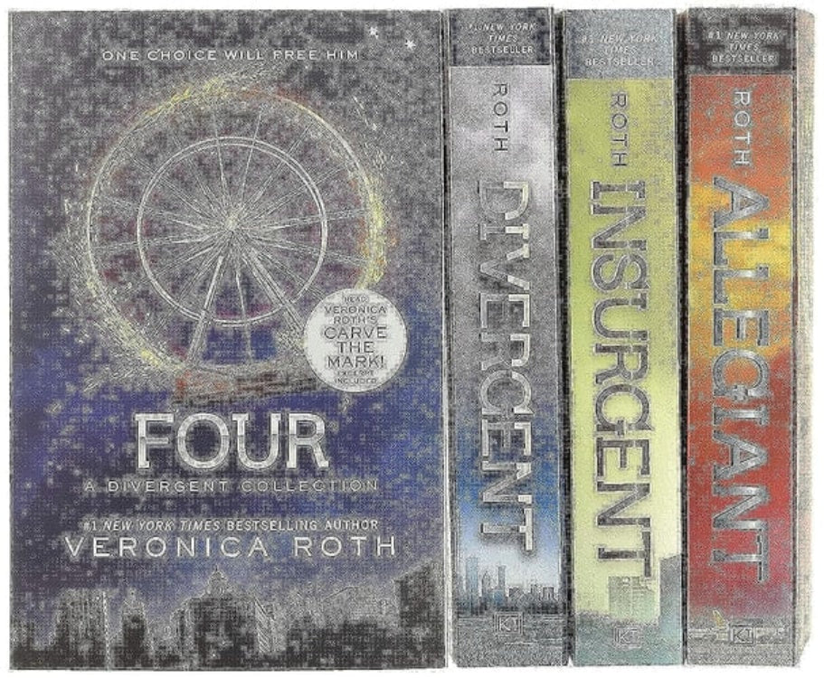A four-book Veronica Roth Divergent Paperback Book Box Set of the Divergent Book Series, including the books Divergent, Insurgent, Allegiant, and Four, in a vertical arrangement against a white background.