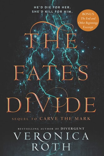The Fates Divide book cover featuring a black background with teal and blue accents, and the title in white and orange lettering.