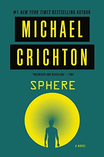 Book cover of 'Sphere' by Michael Crichton with a green background and yellow text.