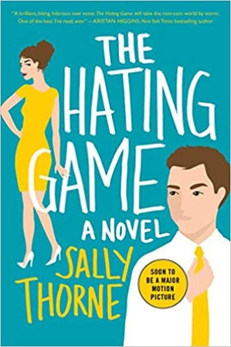 Book cover of 'The Hating Game' by Sally Thorne with illustrations of a woman and a man.