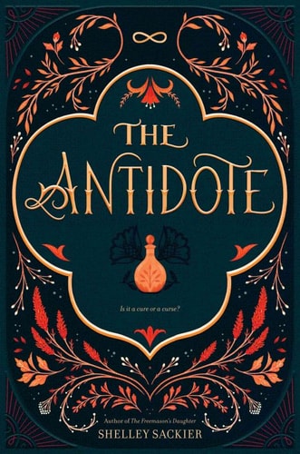 The cover of the book 'The Antidote' features ornate designs, including a floral pattern and a small figure that may represent a character, set against a dark background.