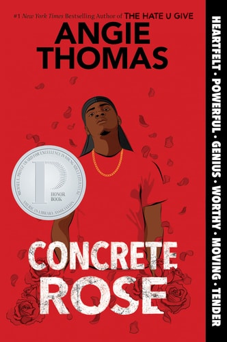 Cover of the book 'Concrete Rose' by Angie Thomas, featuring an illustration of a young boy in a red shirt with a rose behind him, and the text of the book's title and author.