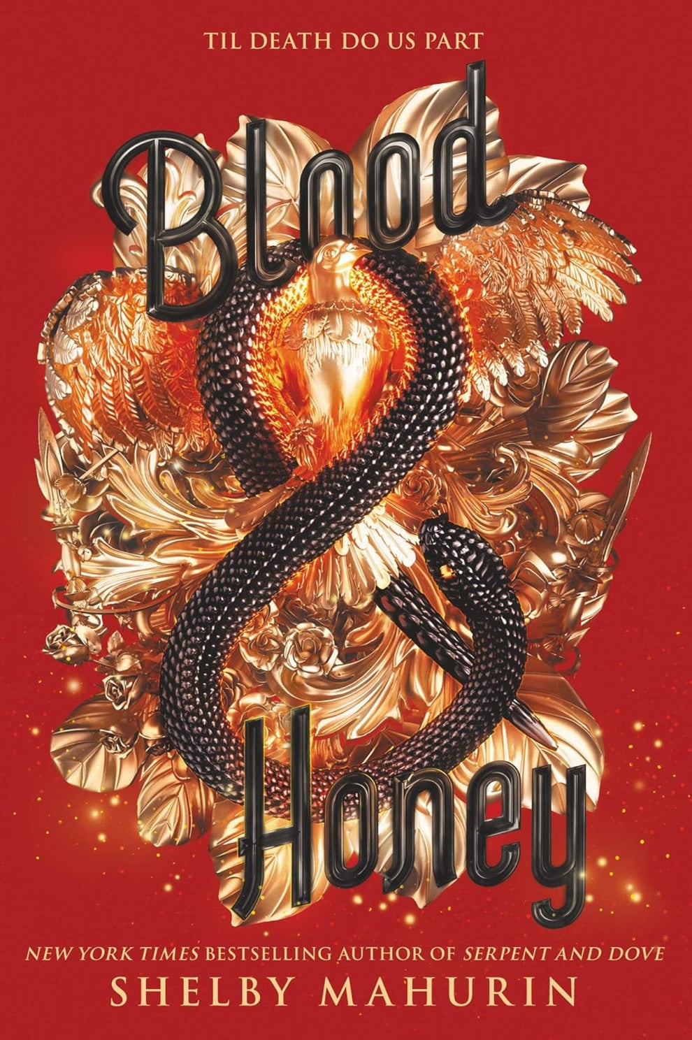 Book cover of 'Blood & Honey' with ornate design and snake on a red background
