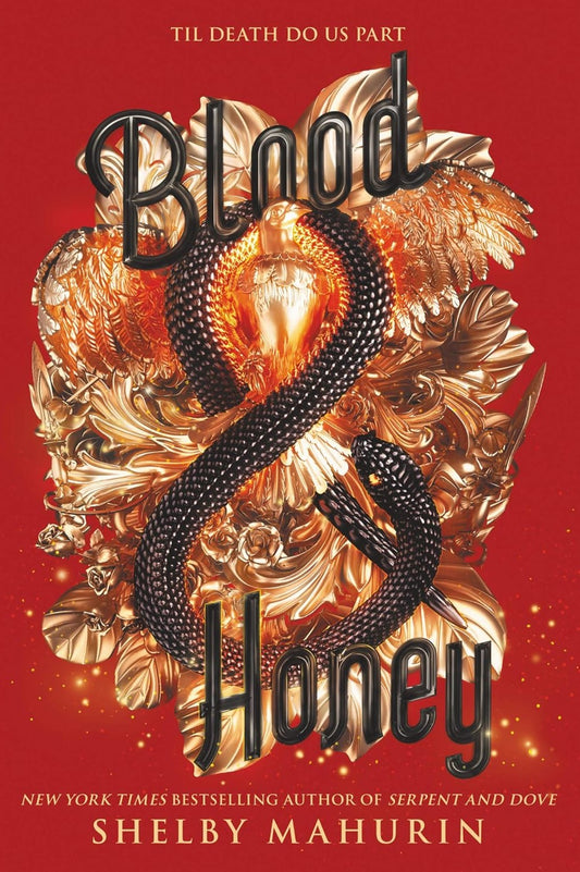 Book cover of 'Blood & Honey' with ornate design and snake on a red background