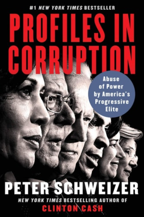 Book cover of 'Profiles in Corruption' by Peter Schweizer with faces of people on a black background.
