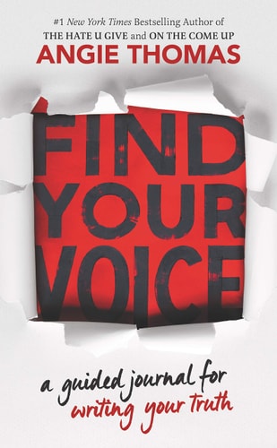 Book cover for 'Find Your Voice: A Guided Journal for Writing Your Truth' by Angie Thomas, featuring a red and black color scheme with text and a quote.